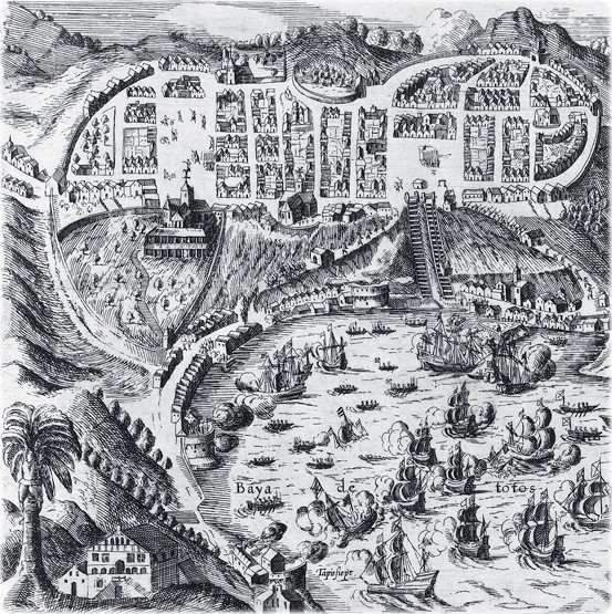 Salvador em 1625, durante a reconquista espanhola. Observe que a Cidade organizava-se como uma fortaleza. A grande igreja na parte centro-esquerda da ilustração é a dos jesuítas, com o colégio. A igreja mais ao centro é a Sé Primacial. Salvador em 1625, durante a reconquista espanhola. Observe que a Cidade organizava-se como uma fortaleza. A grande igreja na parte centro-esquerda da ilustração é a dos jesuítas, com o colégio. A igreja mais ao centro é a Sé Primacial.
