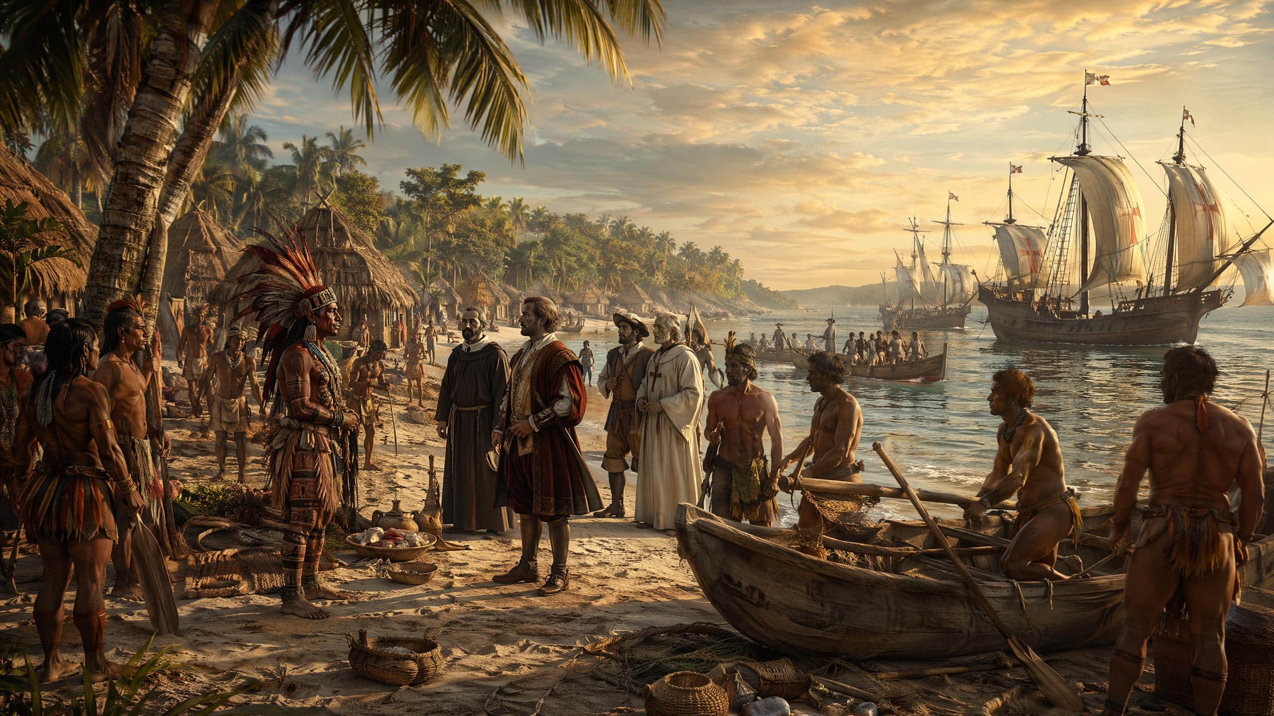 Ilustração realista e detalhada mostrando tupinambás, canoas, abordagens de naus europeias e primeiros contatos missionários na costa de Itaparica. Ilustração realista e detalhada mostrando tupinambás, canoas, abordagens de naus europeias e primeiros contatos missionários na costa de Itaparica.