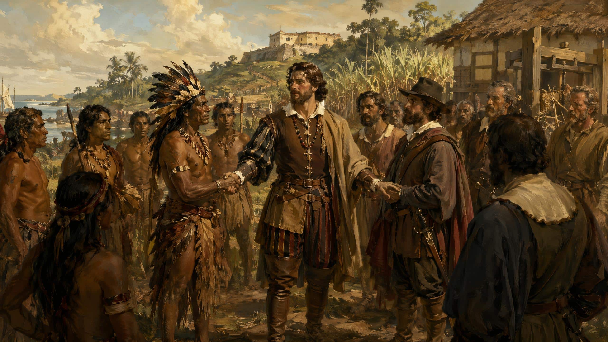 Cena histórica realista retratando Caramuru mediando entre indígenas e colonizadores, com paisagem colonial (engenho, fortificação e habitações). Cena histórica realista retratando Caramuru mediando entre indígenas e colonizadores, com paisagem colonial (engenho, fortificação e habitações).