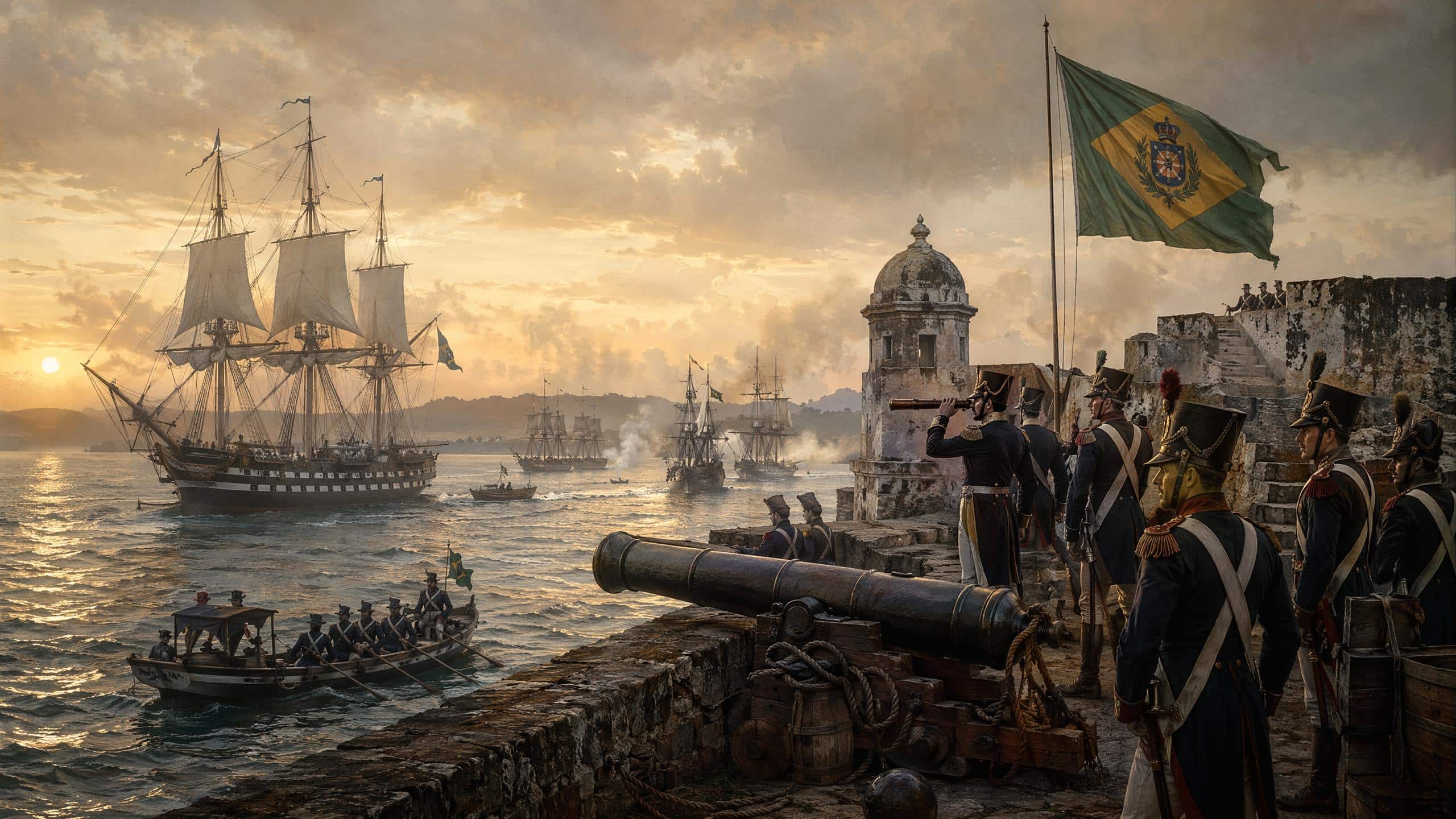 Cena naval e de fortificação realista mostrando embarcações e o Forte de São Lourenço durante ações da Independência da Bahia. Cena naval e de fortificação realista mostrando embarcações e o Forte de São Lourenço durante ações da Independência da Bahia.
