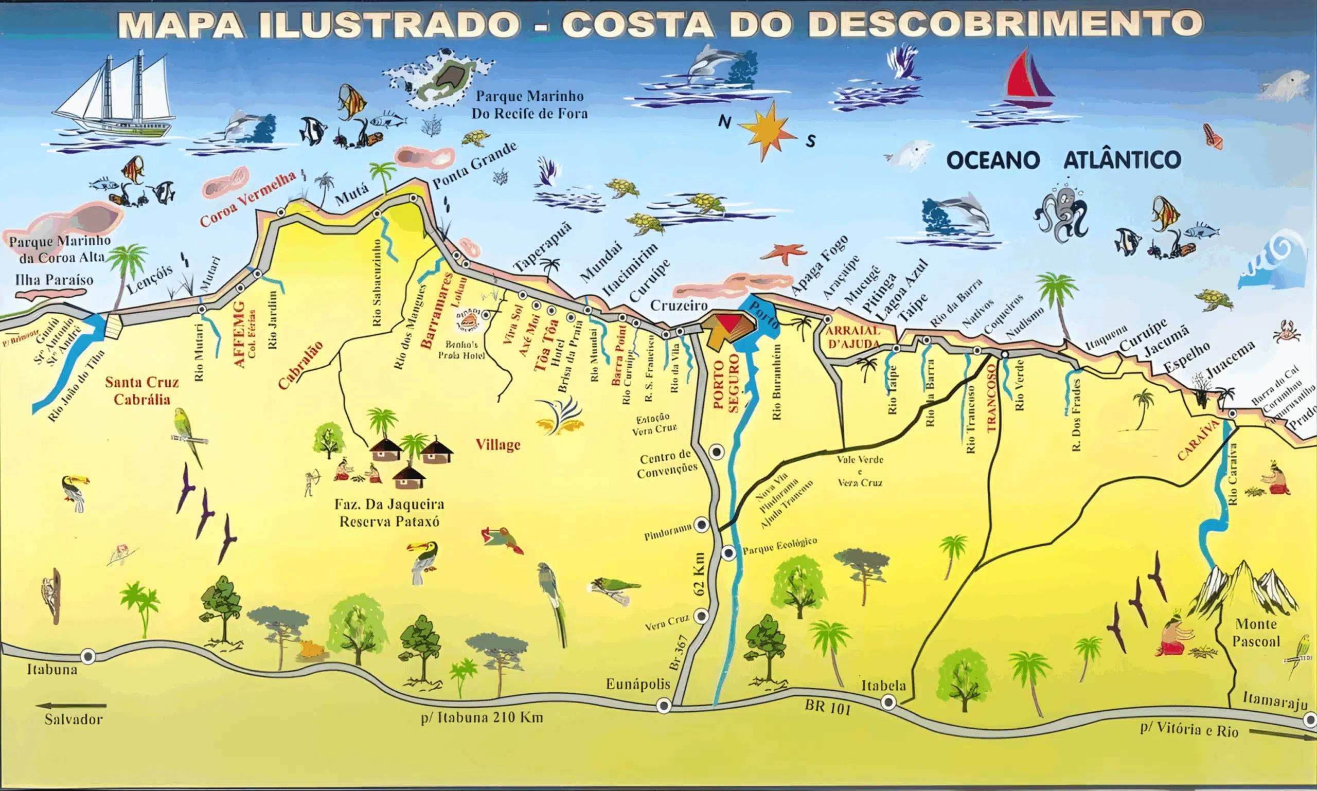 Mapa das praias da Costa do Descobrimento na Bahia Mapa das praias da Costa do Descobrimento na Bahia