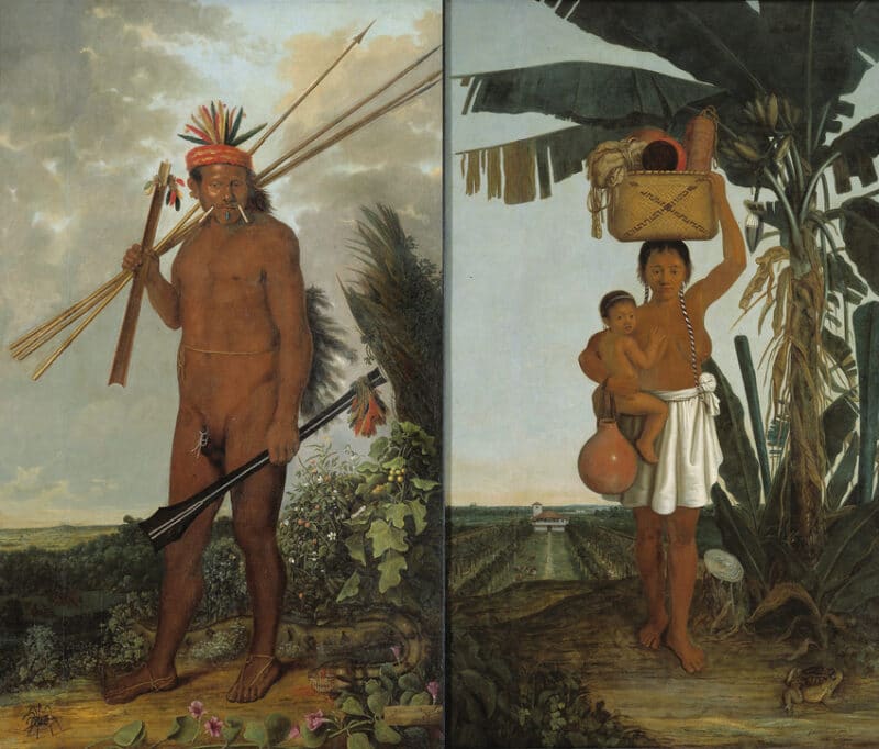 Um homem tupinambá (à esquerda) e uma mulher tupinambá com uma criança (à direita) - Albert Eckhout, 1641 Um homem tupinambá (à esquerda) e uma mulher tupinambá com uma criança (à direita) - Albert Eckhout, 1641