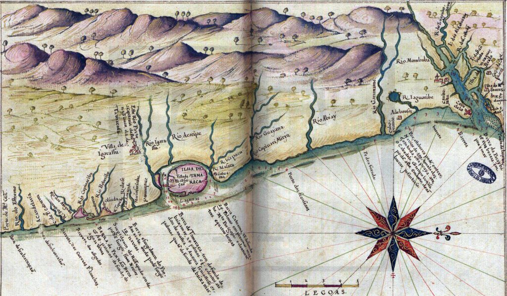 Olinda está representada no lado esquerdo. Nessa época, a Capitania de Pernambuco estava ocupada pelos holandeses. Mapa do Litoral Norte de Pernambuco e Litoral Sul da Paraíba - por João Teixeira - 1640