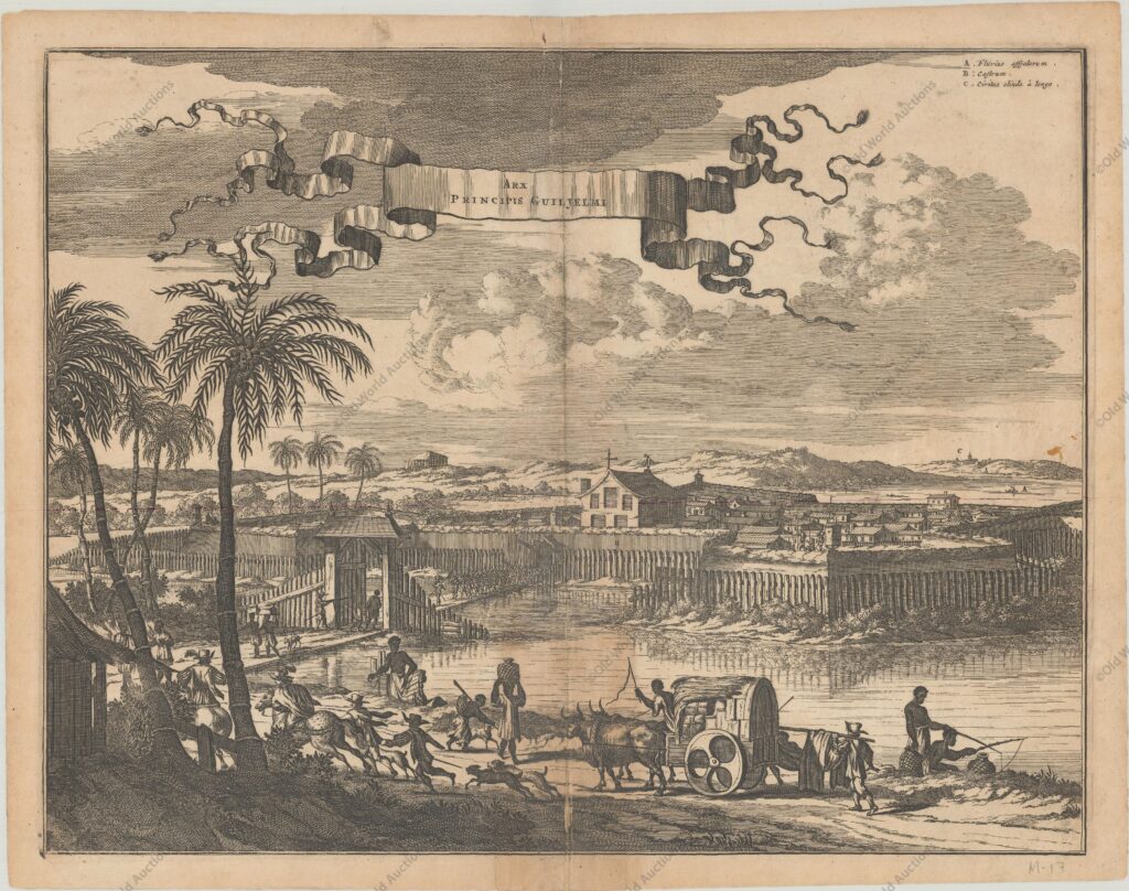 Arx Principis Guiljelmi, Montanus, Arnoldus - A obra de Montanus foi talvez o maior livro ilustrado sobre o Novo Mundo produzido no século XVII. Continha mais de cem placas, vistas e mapas lindamente gravados da América do Norte e do Sul. As placas retratam vividamente fortes, festivais, ocupações, frotas holandesas, batalhas, ritos religiosos e costumes dos habitantes nativos. Esta importante obra foi traduzida para o alemão por Olivier Dapper e para o inglês por John Ogilby. Várias das placas foram posteriormente adquiridas por Pierre Vander Aa. Vista impressionante do Forte William holandês no Rio Afagados com sua igreja central e fortes paliçadas. Olindia está localizada em um morro ao fundo. O Forte Príncipe Guilherme fazia parte das defesas holandesas de Pernambuco. Esta gravura detalhada foi inspirada em uma pintura de 1639 do célebre pintor holandês Frans Post. Olinda PE em 1671