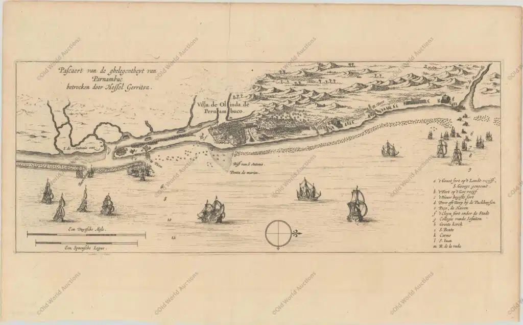 Esta é uma rara e fascinante visão aérea de Olinda e do litoral pernambucano baseada na obra de Hessel Gerritsz, que é creditado no título. Ilustra o ataque e a captura do assentamento português de Olinda por uma frota holandesa sob o comando de Hendrick Corneliszoon Loncq em 1630. Foi publicado na história da Holanda de Emmanuel van Meteren. Esta é uma rara e fascinante visão aérea de Olinda e do litoral pernambucano baseada na obra de Hessel Gerritsz, que é creditado no título. Ilustra o ataque e a captura do assentamento português de Olinda por uma frota holandesa sob o comando de Hendrick Corneliszoon Loncq em 1630. Foi publicado na história da Holanda de Emmanuel van Meteren.