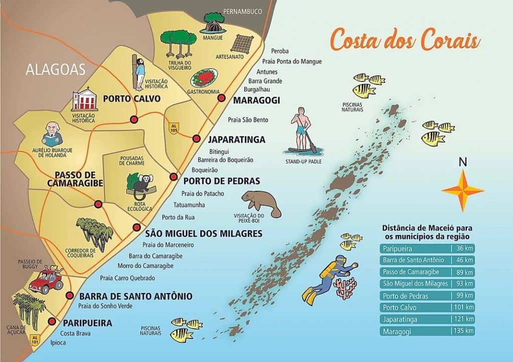 mapa da Costa dos Corais em Alagoas mapa da Costa dos Corais em Alagoas