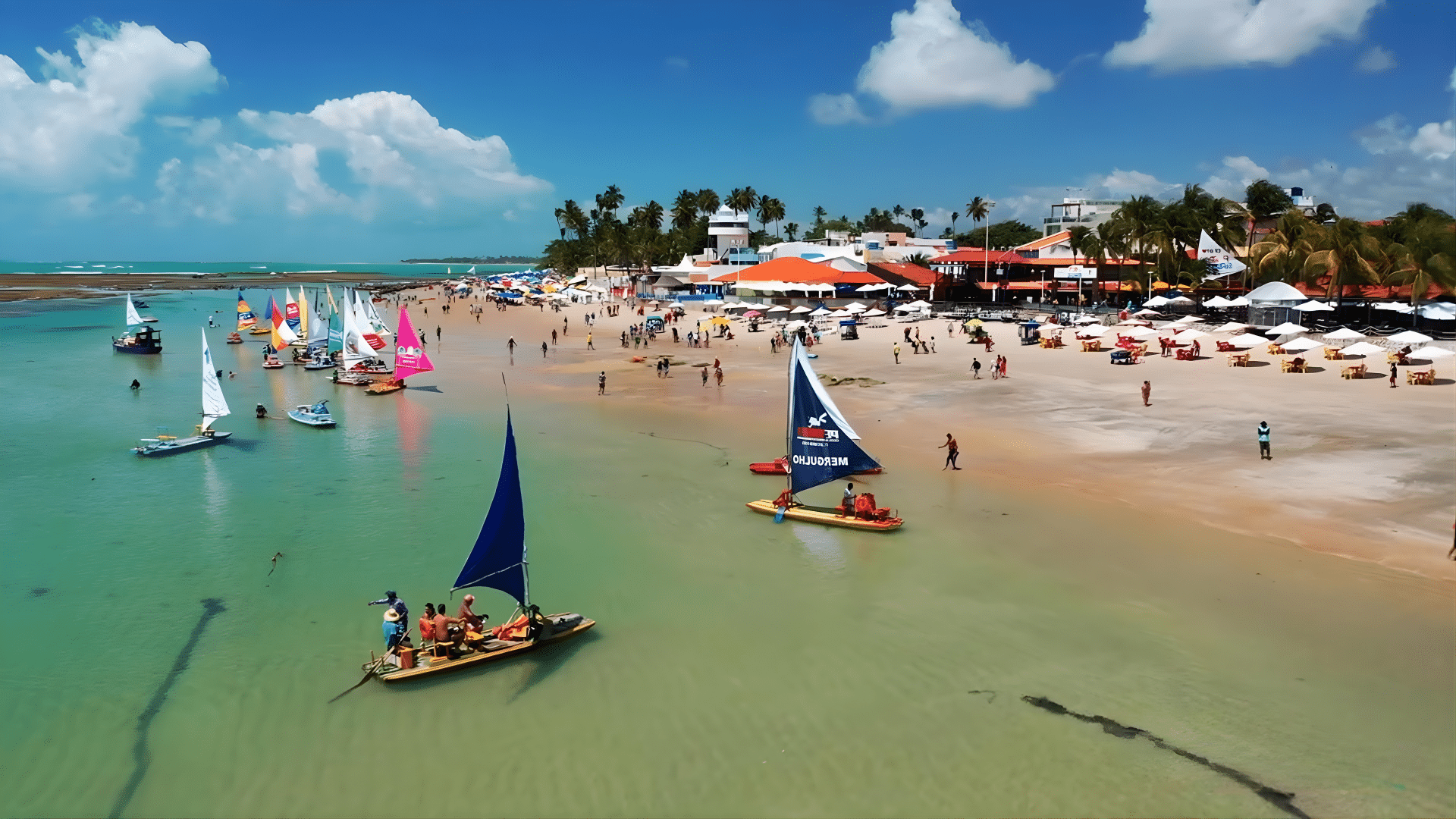 Piscinas naturais formadas por recifes em Porto de Galinhas com jangadas na água Porto de Galinhas em Ipojuca PE