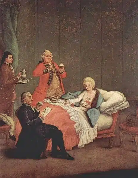 The morning chocolate. Pietro Longhi, 1775–1780. O açúcar passou a ser importante para adoçar o chocolate, o chá, o café e na própria preparação dos doces consumidos pelas elites. The morning chocolate. Pietro Longhi, 1775–1780. O açúcar passou a ser importante para adoçar o chocolate, o chá, o café e na própria preparação dos doces consumidos pelas elites.