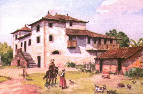 Pintura de uma casa-grande. Inicialmente as casas-grandes lembravam casa-fortes, construções fortificadas, pois a ameaça de ataques de indígenas era ocasional. No século XIX já vemos as casas-grandes como palacetes, principalmente na região cafeeira. Pintura de uma casa-grande. Inicialmente as casas-grandes lembravam casa-fortes, construções fortificadas, pois a ameaça de ataques de indígenas era ocasional. No século XIX já vemos as casas-grandes como palacetes, principalmente na região cafeeira.