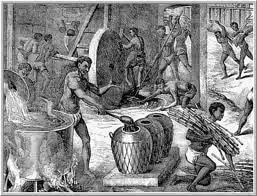 Interior de um engenho de açúcar. Aqui nota-se escravos movendo a moenda no fundo da imagem; a esquerda pode se ver um tacho fervendo o caldo-de-cana, e um escravo depositando o melaço em recipientes de barro. Interior de um engenho de açúcar. Aqui nota-se escravos movendo a moenda no fundo da imagem; a esquerda pode se ver um tacho fervendo o caldo-de-cana, e um escravo depositando o melaço em recipientes de barro.