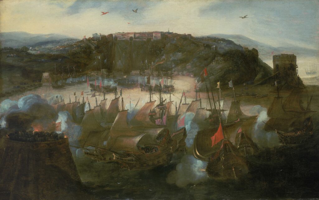Ataque holandes a Salvador em 1624 Attack on Salvador - In 1624 it was attacked by a Dutch fleet commanded by Piet Hein and captured after a few days. Viewed from the south, Dutch and Spanish ships are in action in the entrance to the bay in the foreground. Piet Hein's ship is in the right foreground in port-quarter view, but nearly stern on. As well as engaging the Spanish ships, the Dutch ships on the left are bombarding the fort in the left foreground, which is replying. In the background near the city, Spanish ships are at anchor. They are also firing, together with a centrally placed fort. The ground rises steeply from the shore and the city is perched high up, with a skyline of church spires and roof-tops. The right side of the bay is guarded by the fort of San Antonio, below which the Dutch have made a landing in Sand Bay. The fort in the left background is called the San Philipe. Four brightly coloured parakeets soar above the bay, dominating the sky and identifying the exotic location. In the background more hills can be seen to the left and the right, together with another bay beyond. The work is careful in its depiction of rigging, sailors on the decks, and other details. The painting is probably based on an etching by Claes Jansz Visscher, which he published in 1624 and which incorporates an account below it and a key. Although the background in the painting is very close to the print, the foreground and arrangement of the ships have been changed to create a dramatic effect. Attack on SalvadorAttack on Salvador (c. 1624), oil painting by Andries van Eertvelt (1590–1652)