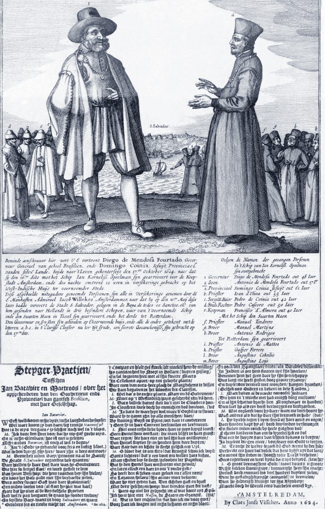 O Governador Diogo de Mendonça Furtado, após sua rendição para os holandeses, em ilustração de 1624, representando religiosos e autoridades feitos prisioneiros e levados para Amsterdam. O Governador Diogo de Mendonça Furtado, após sua rendição para os holandeses, em ilustração de 1624, representando religiosos e autoridades feitos prisioneiros e levados para Amsterdam.