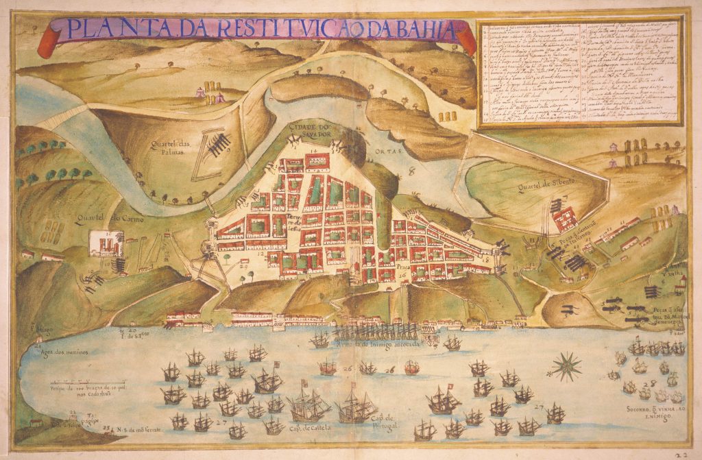 "Planta da restituição da Bahia" (João Teixeira Albernaz, o velho, 1631): em primeiro plano a Armada Espanhola. "Planta da restituição da Bahia" (João Teixeira Albernaz, o velho, 1631): em primeiro plano a Armada Espanhola.
