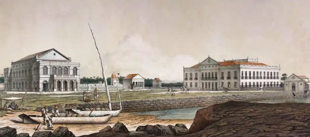 O Teatro Santa Isabel e o Palácio das Princesas do Recife, Pernambuco. Ilustração de Emil Bauch, 1852. O Teatro Santa Isabel e o Palácio das Princesas do Recife, Pernambuco. Ilustração de Emil Bauch, 1852.