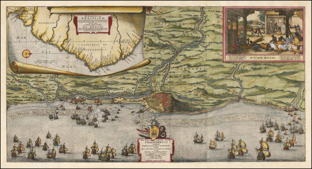 Olinda, então a urbe mais rica do Brasil Colônia, foi saqueada e destruída pelos holandeses, que escolheram o Recife como a capital da Nova Holanda. O mapa de Nicolaes Visscher mostra o cerco a Olinda e Recife em 1630. Olinda, então a urbe mais rica do Brasil Colônia, foi saqueada e destruída pelos holandeses, que escolheram o Recife como a capital da Nova Holanda. O mapa de Nicolaes Visscher mostra o cerco a Olinda e Recife em 1630