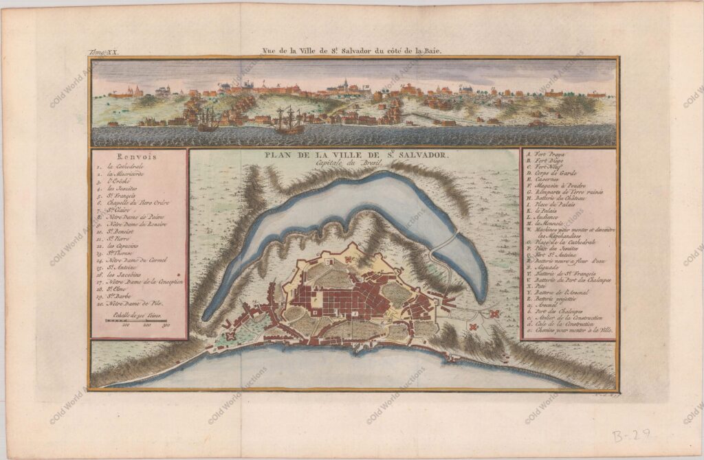Handsome bird's-eye plan of the fortified town of St. Salvador, the capital of colonial Brazil. Keys at sides list 48 important sites. Above the plan is a panoramic view of the city and fort on a hill overlooking the bay of All Saints. Plan de la Ville de Salvador, Capitale du Bresil, Bellin, Jacques NicolasHandsome bird's-eye plan of the fortified town of St. Salvador, the capital of colonial Brazil. Keys at sides list 48 important sites. Above the plan is a panoramic view of the city and fort on a hill overlooking the bay of All Saints.
