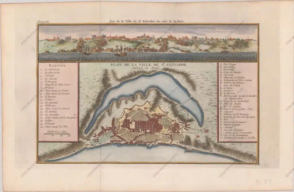 Handsome bird's-eye plan of the fortified town of St. Salvador, the capital of colonial Brazil. Keys at sides list 48 important sites. Above the plan is a panoramic view of the city and fort on a hill overlooking the bay of All Saints. Plan de la Ville de Salvador, Capitale du Bresil, Bellin, Jacques NicolasHandsome bird's-eye plan of the fortified town of St. Salvador, the capital of colonial Brazil. Keys at sides list 48 important sites. Above the plan is a panoramic view of the city and fort on a hill overlooking the bay of All Saints.
