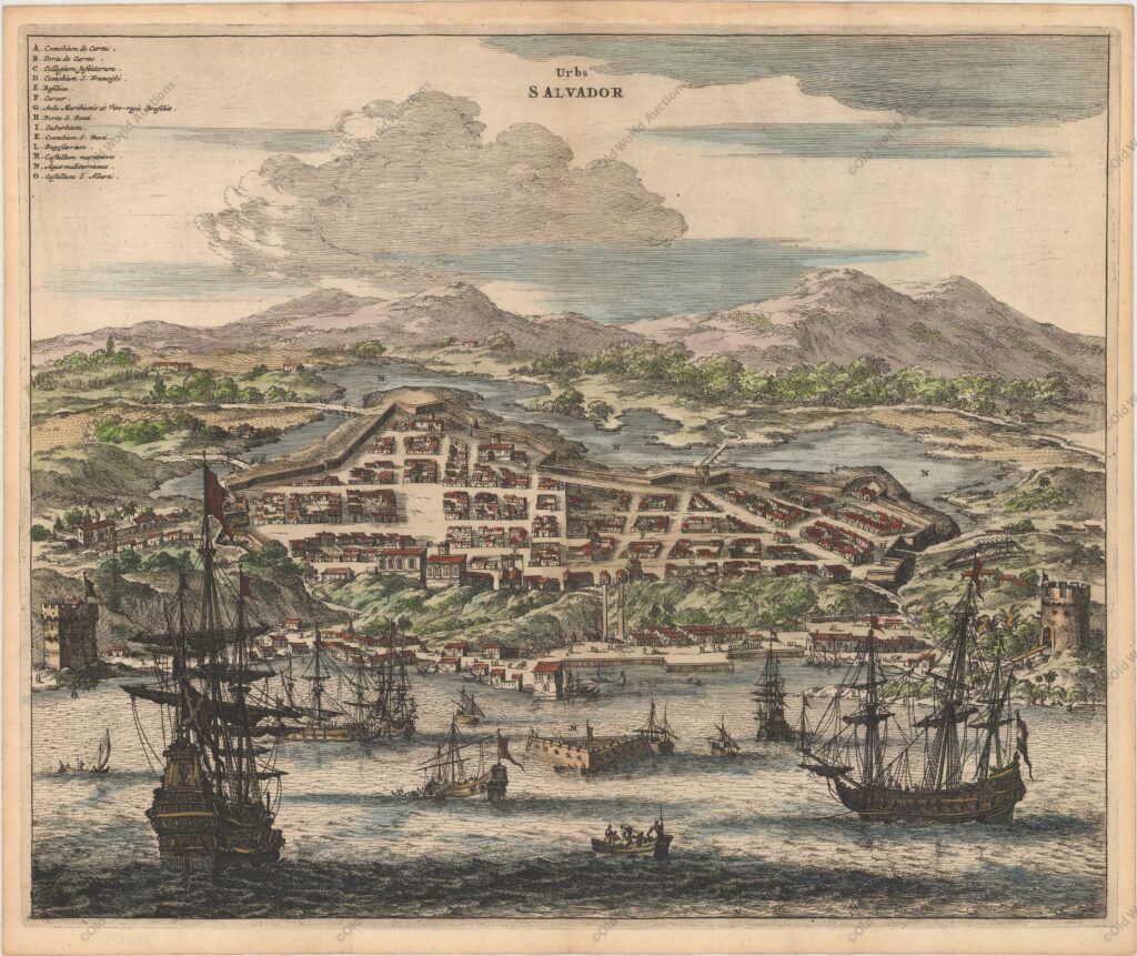 Urbs Salvador, Montanus, Arnoldus Montanus' work was perhaps the greatest illustrated book on the New World produced in the seventeenth century. It contained over one hundred beautifully engraved plates, views, and maps of North and South America. The plates vividly depict forts, festivals, occupations, Dutch fleets, battles, religious rites, and customs of the native inhabitants. This important work was translated into German by Olivier Dapper, and into English by John Ogilby. Several of the plates were later acquired by Pierre Vander Aa.