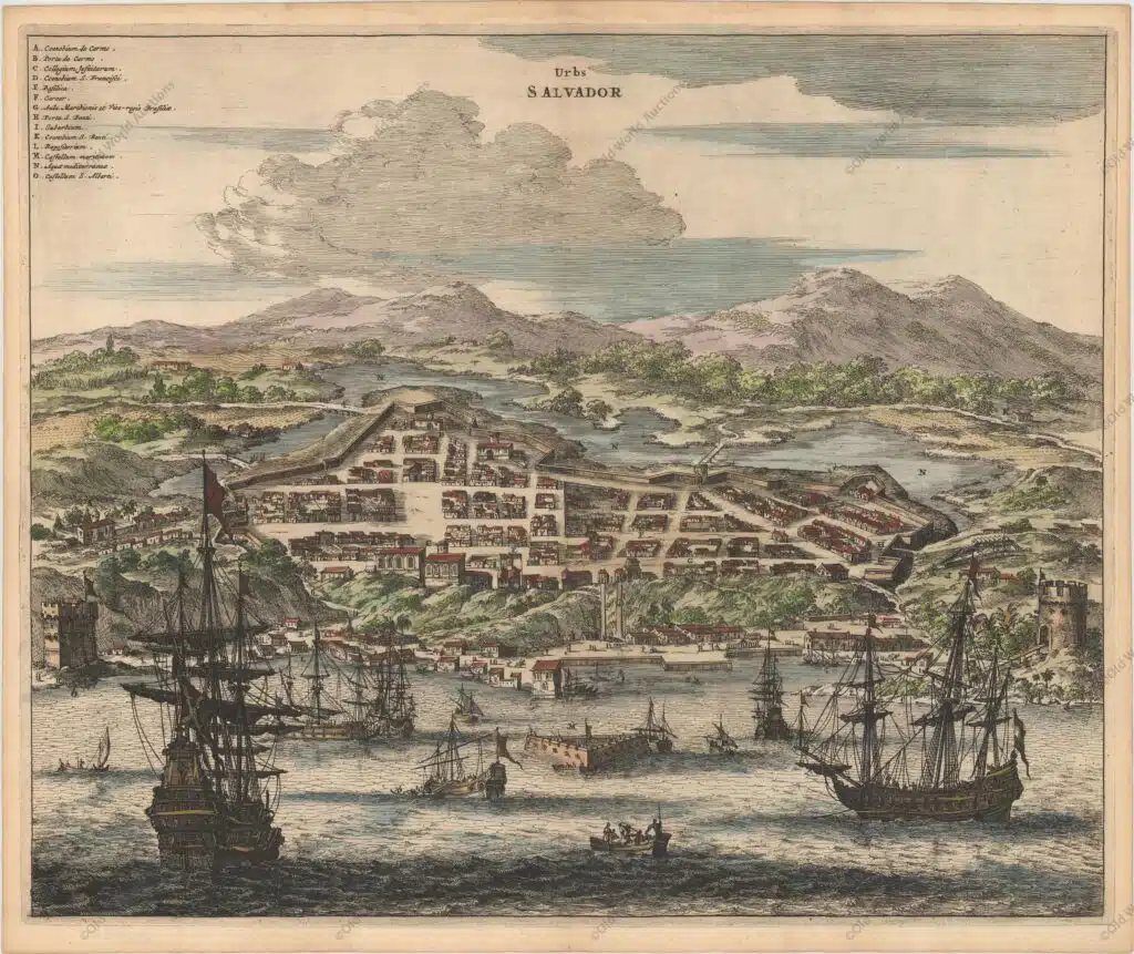 Urbs Salvador, Montanus, Arnoldus Montanus' work was perhaps the greatest illustrated book on the New World produced in the seventeenth century. It contained over one hundred beautifully engraved plates, views, and maps of North and South America. The plates vividly depict forts, festivals, occupations, Dutch fleets, battles, religious rites, and customs of the native inhabitants. This important work was translated into German by Olivier Dapper, and into English by John Ogilby. Several of the plates were later acquired by Pierre Vander Aa.