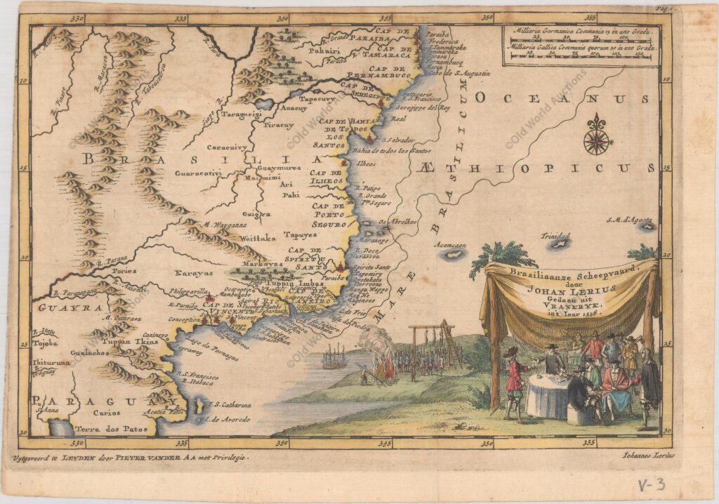 Map of Brazil 1707 - Brasiliaanze Scheepvaard, door Johan Lerius Gedaan uit Vrankryk, in't Iaar 1556, Aa, Pieter van der Map of Brazil 1707 - Brasiliaanze Scheepvaard, door Johan Lerius Gedaan uit Vrankryk, in't Iaar 1556, Aa, Pieter van der