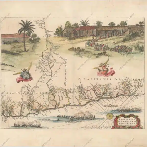 Capitania da Paraíba e Rio Grande de 1720 - Excelente mapa do litoral brasileiro incluindo as capitanias da Paraíba e do Rio Grande. O mapa foi desenhado após pesquisas reais de Georg Markgraf, Elias Herckmanns e outros, e estava entre os primeiros mapas do Brasil baseados em dados não portugueses. O mapa é ricamente gravado com uma enorme cena de uma procissão de índios tupinambás carregando uma bandeira holandesa, parte de um engenho de açúcar e três grandes batalhas navais retratadas no mar. Adornado ainda com brasões, rosa dos ventos e cartela de título em tiras. A série de mapas das capitanias do Brasil é diferente de qualquer outro mapa dos atlas de Blaeu. Blaeu emitiu pela primeira vez este e seus mapas complementares em 1647 para Gaspar Barleus' Rerum per Octennium em Brasília. Eles também foram reunidos em um grande mapa de parede, Brasília qua parte paret Belgis; os locais onde as folhas se sobrepõem são marcados por linhas tênues à esquerda. Os mapas apareceram no Atlas Maior a partir de 1662 e foram posteriormente vendidos a vários editores após a morte de Blaeu. "Praefecturae de Paraiba, et Rio Grande", Blaeu/Covens & Mortier