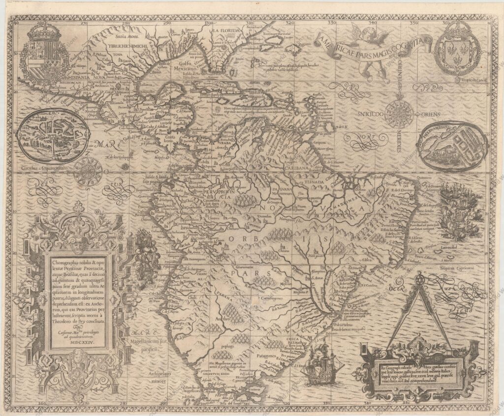 Mapa da América do Sul e Brasil de 1624 Esta gravura em cobre faz parte de uma notável série de publicações, ilustrando viagens de descoberta e viagens de exploração a várias partes do mundo. O projeto foi iniciado por Theodore de Bry de Frankfurt, em 1590 e continuaria por mais 54 anos. Elas ficaram conhecidas coletivamente como Grands Voyages (para a América e as Índias Ocidentais) e Petits Voyages (para o Oriente e as Índias Orientais). De Bry morreu depois que as primeiras seis partes das Grands Voyages foram concluídas. O projeto foi concluído inicialmente por sua viúva e dois filhos, Johann Theodore de Bry e Johann Israel de Bry, depois por seu genro, Matthaus Merian, em 1644.