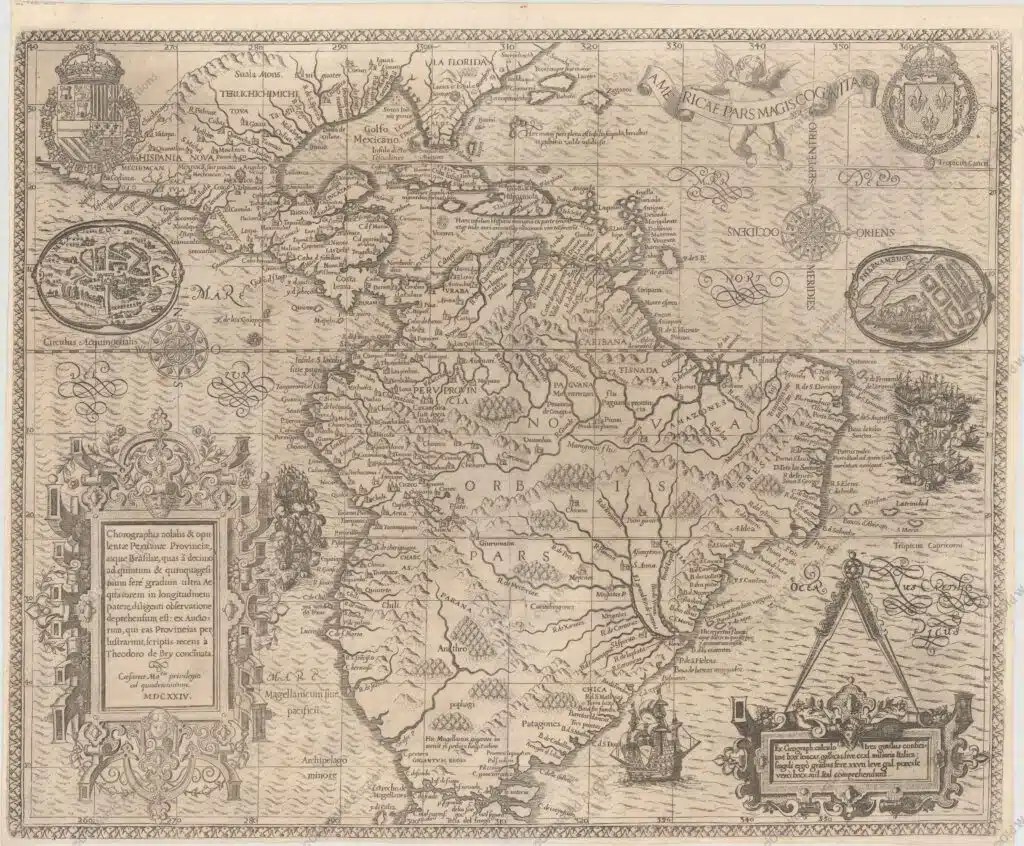 Mapa da América do Sul e Brasil de 1624 Esta gravura em cobre faz parte de uma notável série de publicações, ilustrando viagens de descoberta e viagens de exploração a várias partes do mundo. O projeto foi iniciado por Theodore de Bry de Frankfurt, em 1590 e continuaria por mais 54 anos. Elas ficaram conhecidas coletivamente como Grands Voyages (para a América e as Índias Ocidentais) e Petits Voyages (para o Oriente e as Índias Orientais). De Bry morreu depois que as primeiras seis partes das Grands Voyages foram concluídas. O projeto foi concluído inicialmente por sua viúva e dois filhos, Johann Theodore de Bry e Johann Israel de Bry, depois por seu genro, Matthaus Merian, em 1644.