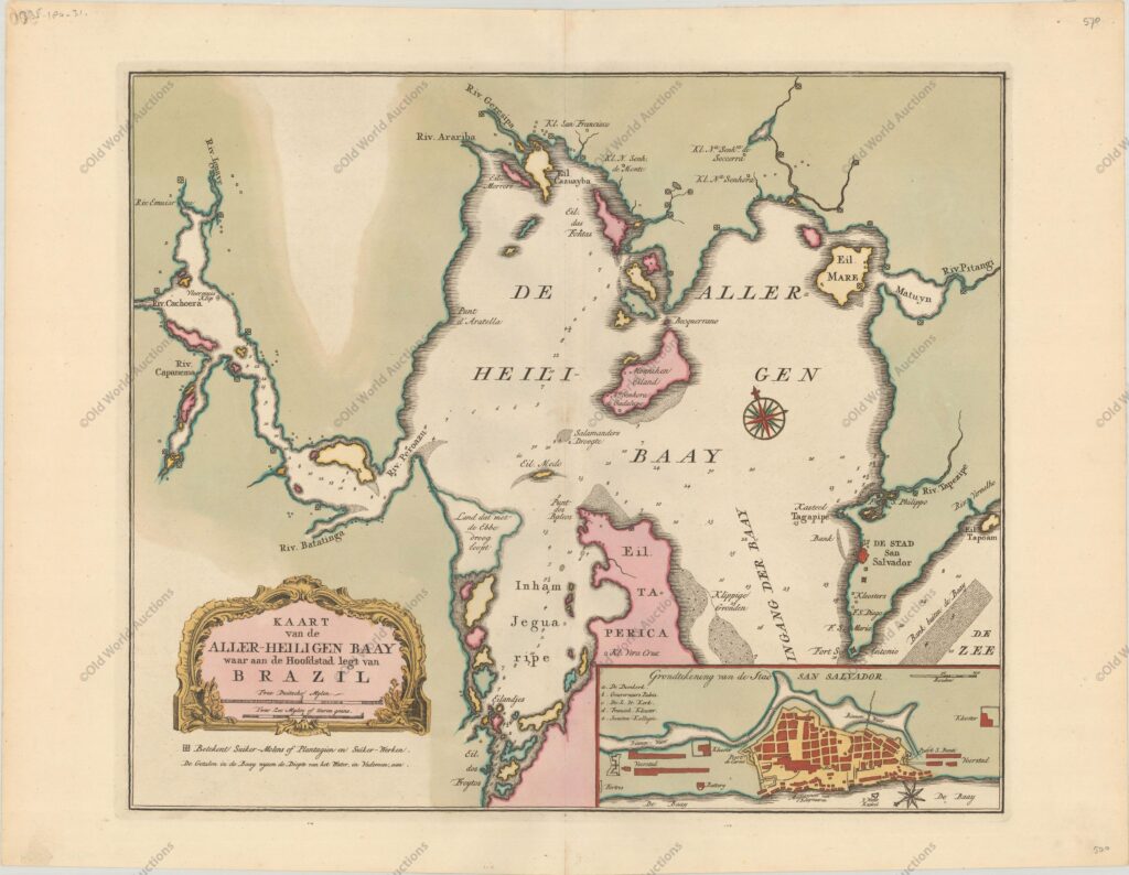 Mapa da Baia de Todos os Santos de 1769 Mapa da Baia de Todos os Santos de 1769 - Este é um gráfico ousadamente gravado da baía de Salvador (Bahia) com um plano inserido da cidade fortificada de Salvador. Sondagens de navegação e baixios são identificados na baía. Numerosas plantações e engenhos de açúcar são marcados com símbolos ao longo da costa e dos rios. Há uma grande cartela de título decorativa em estilo rococó e duas rosas dos ventos. "Kaart van de Aller-Heiligen Baay waar aan de Hoofdstad legt van Brazil", Tirion, Isaac