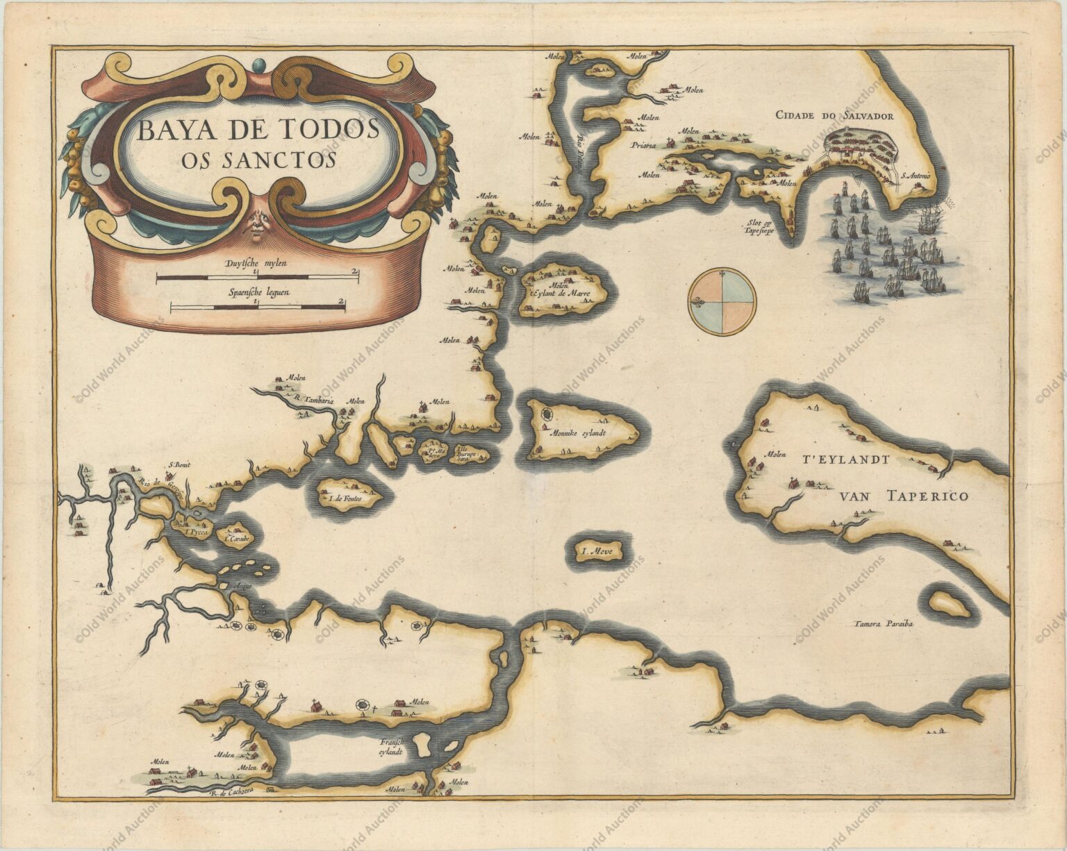 Mapa da Baia de Todos os Santos de 1644 Mapa da Baia de Todos os Santos de 1644 - Este raro mapa de Salvador e da Baía de Todos os Santos é uma representação do ataque holandês e captura da cidade de Salvador em maio de 1624. Salvador, então capital do Brasil, era um porto estratégico sob controle português. Os holandeses, determinados a assumir o controle do Brasil, formaram a Companhia das Índias Ocidentais em 1621 e enviaram uma grande expedição ao Brasil. Em 8 de maio de 1624, a frota holandesa sob o comando do almirante Jacob Willekens e do vice-almirante Pieter Heyn chegou a Salvador e atacou a cidade. Os holandeses conseguiram capturar a cidade, embora os portugueses tenham recuperado o controle menos de um ano depois. Este mapa mostra a cidade de Salvador e suas fortificações, com os navios holandeses avançando sobre a cidade. O restante do litoral é esparsamente gravado com algumas pequenas cidades, igrejas e assentamentos. O mapa é orientado com o norte para a esquerda e apresenta uma bela cartela de tiras que incorpora a escala de distância. Publicado no relato de De Laet sobre a história da Companhia Holandesa das Índias Ocidentais desde seu início até 1636. "Baya de Todos os Sanctos", de Laet, Joannes