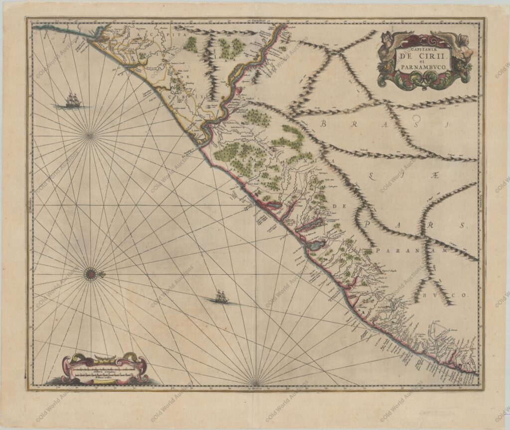 Mapa da Capitania de Pernambuco e Ceará de 1680 Mapa da Capitania de Pernambuco e Ceará de 1680 - Esta rara carta das Capitanias do Ceará e de Pernambuco estende-se do Rio Formosa ao Rio Estremo e tem como centro o Rio de São Francisco. Muitas informações são derivadas de mapas desenhados para a Companhia Holandesa das Índias Ocidentais durante sua tentativa de tirar o controle da região dos portugueses. O norte é orientado à direita do gráfico por uma rosa dos ventos. É finamente adornado com duas cartelas e veleiros.