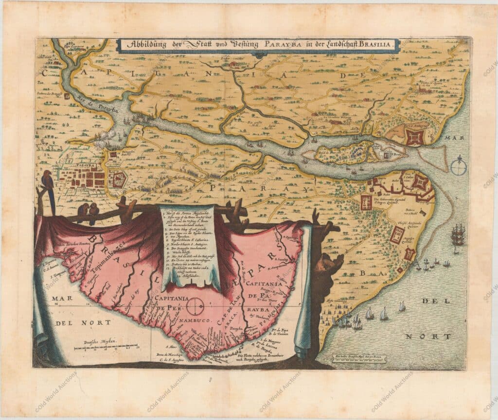 Mapa da Paraíba de 1639 Mapa da Paraíba de 1639 - Um esplêndido mapa da região da Paraíba e dos fortes de defesa na foz do rio Paraíba. O mapa ilustra a incursão holandesa no território português e mostra a frota holandesa enchendo o rio e os exércitos defensores marchando pelas estradas. Um grande e muito decorativo encarte retrata todo o litoral desde a R. Peguihuga até a Bahia de Todos Sanctos. "Abbildung der Statt und Vestung Parayba in der Landschaft Brasilia", Merian, Matthaus