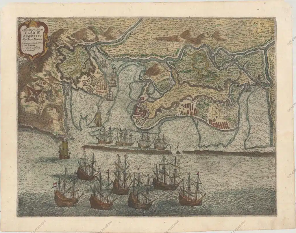 Gravura do Cabo Santo Agostinho de 1645 - Esta bela vista panorâmica retrata a frota holandesa e as fortalezas do Cabo Santo Agostinho. Publicado por Gregorio Letie, esta cena é copiada de uma publicação anterior, por volta de 1640. É interessante notar que a imagem foi invertida durante o processo de gravação, de modo que o mapa é uma imagem espelhada da realidade. "Afbeeldinge vande Cabo St. Augustin met haer Forten", Leti, Gregorio