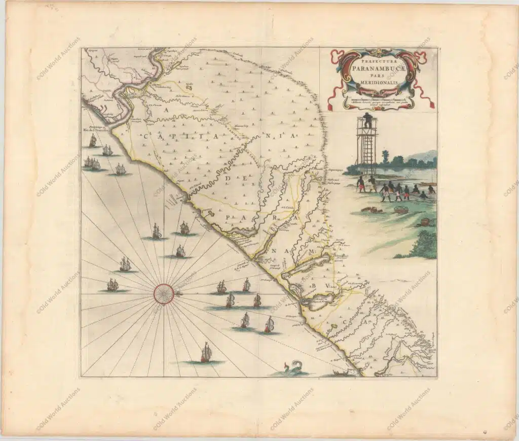 Mapa do leste do Brasil 1664 - Este belo mapa da costa brasileira é ricamente decorado com uma cena de nativos com uma torre de vigia e uma enorme frota de navios. Com o norte orientado para a direita, o mapa cobre a região litorânea de São Francisco até Recife. Foi desenhado após pesquisas reais de Georg Marcgraf, Elias Herckmanns e outros e estava entre os primeiros mapas do Brasil baseados em dados não portugueses. Blaeu emitiu pela primeira vez este e seus mapas complementares em 1647 para Gaspar Barleus' Rerum per octennium in Brasília. Eles também foram reunidos em um grande mapa de parede, Brasília qua parte paret Belgis. Os mapas então apareceram no Atlas Maior a partir de 1662. Este exemplo é o segundo estado com a adição de um nativo na torre de vigia. "Praefecturae Paranambucae Pars Meridionalis", Blaeu, Johannes Mapa do leste do Brasil 1664