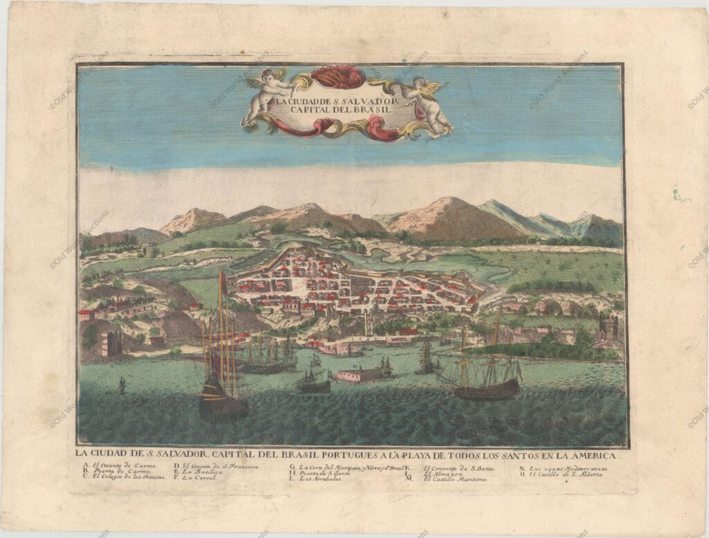 Gravura de Salvador da Bahia de 1770 Gravura de Salvador da Bahia de 1770 - Salvador, antiga capital do Brasil, era um porto estratégico sob controle português. Esta bela gravura em cobre mostra a cidade murada de Salvador com navios e barcos enchendo o porto em primeiro plano. Uma chave com letras na parte inferior identifica vários locais. Esta visão espanhola anônima é uma cópia maior da visão da cidade de Arnoldus Montanus, publicada em 1671. "La Ciudadde S. Salvador Capital del Brasil", Anon.