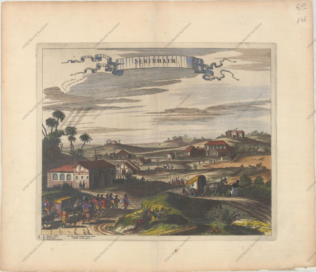 Gravura de Sirinhaém de 1671 - A obra de Montanus foi talvez o maior livro ilustrado sobre o Novo Mundo produzido no século XVII. Continha mais de cem placas, vistas e mapas lindamente gravados da América do Norte e do Sul. As placas retratam vividamente fortes, festivais, ocupações, frotas holandesas, batalhas, ritos religiosos e costumes dos habitantes nativos. Esta importante obra foi traduzida para o alemão por Olivier Dapper e para o inglês por John Ogilby. Várias das placas foram posteriormente adquiridas por Pierre Vander Aa. Esta gravura em cobre mostra uma movimentada vila repleta de soldados, operários, carroças puxadas por bois e uma igreja. Uma chave no canto inferior esquerdo identifica quatro sites de interesse. Faixa de título de estilo de faixa de opções. "Serinhaim", Montanus/Ogilby