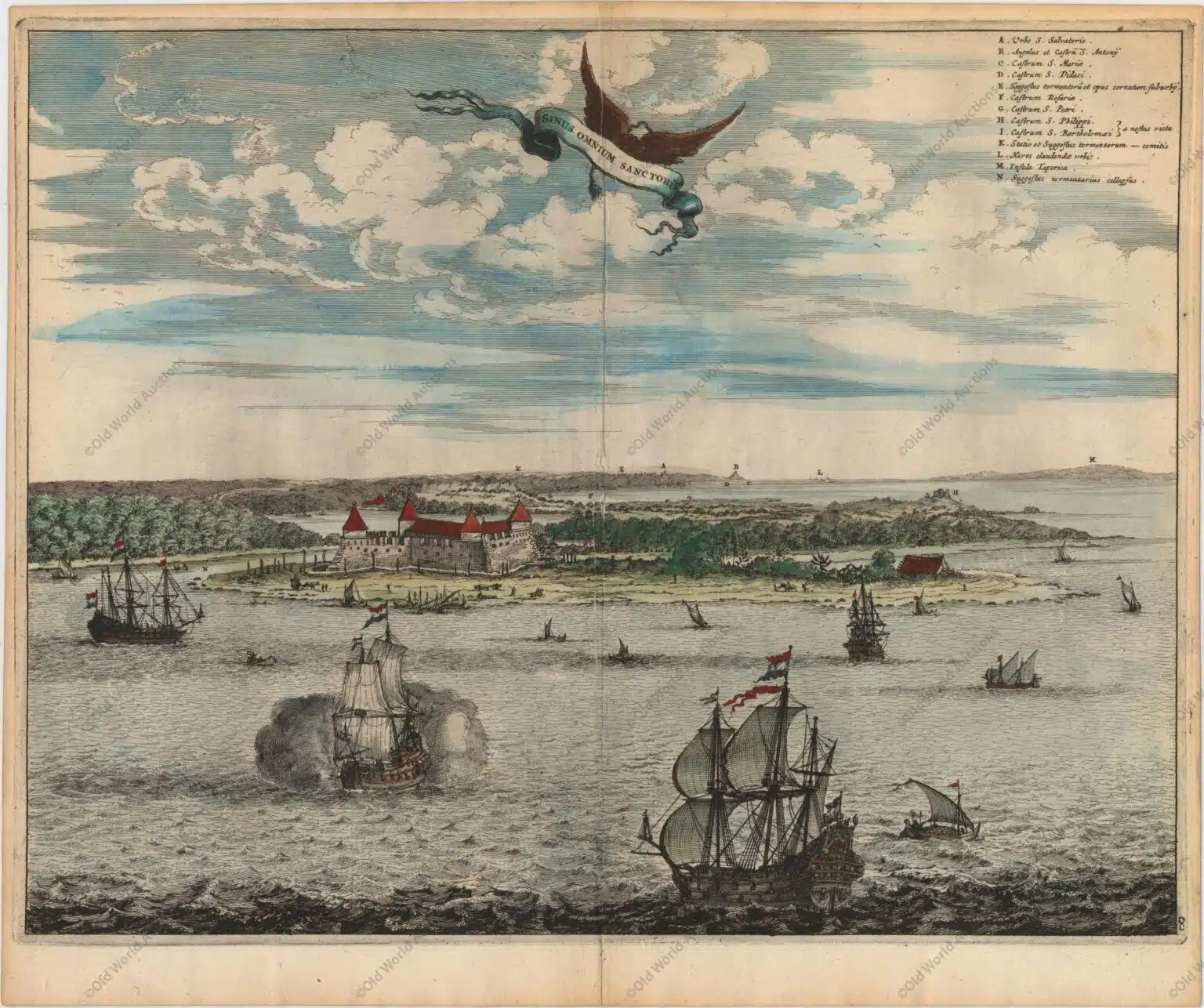 Baia de Todos os Santos de 1671 - Brasil Baia de Todos os Santos, Brasil - 1671 - A obra de Montanus foi talvez o maior livro ilustrado sobre o Novo Mundo produzido no século XVII. Continha mais de cem placas, vistas e mapas lindamente gravados da América do Norte e do Sul. As placas retratam vividamente fortes, festivais, ocupações, frotas holandesas, batalhas, ritos religiosos e costumes dos habitantes nativos. Esta importante obra foi traduzida para o alemão por Olivier Dapper e para o inglês por John Ogilby. Várias das placas foram posteriormente adquiridas por Pierre Vander Aa. Esta é uma vista soberba da Baía de Todos os Santos com Salvador da Bahia ao fundo. A gravura ilustra a região quando os holandeses tentavam obter o controle das colônias portuguesas no Brasil e seu lucrativo comércio de açúcar. Em 1624, os holandeses capturaram e saquearam o Salvador da Bahia, mantendo-o junto com outros portos do nordeste até ser retomado por uma frota hispano-portuguesa. A cidade desempenhou então um papel estrategicamente vital na resistência luso-brasileira contra os holandeses na década de 1630. Essa visão foi tirada do trabalho de Frans Post. Suas obras são algumas das primeiras pinturas européias do Brasil e foram avidamente reproduzidas na impressão por gravadores holandeses. "Sinus Omnium Sanctoru", Montanus, Arnoldus