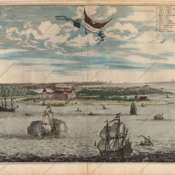 Baia de Todos os Santos, Brasil - 1671 - A obra de Montanus foi talvez o maior livro ilustrado sobre o Novo Mundo produzido no século XVII. Continha mais de cem placas, vistas e mapas lindamente gravados da América do Norte e do Sul. As placas retratam vividamente fortes, festivais, ocupações, frotas holandesas, batalhas, ritos religiosos e costumes dos habitantes nativos. Esta importante obra foi traduzida para o alemão por Olivier Dapper e para o inglês por John Ogilby. Várias das placas foram posteriormente adquiridas por Pierre Vander Aa. Esta é uma vista soberba da Baía de Todos os Santos com Salvador da Bahia ao fundo. A gravura ilustra a região quando os holandeses tentavam obter o controle das colônias portuguesas no Brasil e seu lucrativo comércio de açúcar. Em 1624, os holandeses capturaram e saquearam o Salvador da Bahia, mantendo-o junto com outros portos do nordeste até ser retomado por uma frota hispano-portuguesa. A cidade desempenhou então um papel estrategicamente vital na resistência luso-brasileira contra os holandeses na década de 1630. Essa visão foi tirada do trabalho de Frans Post. Suas obras são algumas das primeiras pinturas européias do Brasil e foram avidamente reproduzidas na impressão por gravadores holandeses. "Sinus Omnium Sanctoru", Montanus, Arnoldus