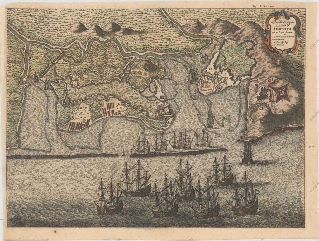 Mapa de Cabo de Santo Agostinho de 1690 Mapa de Cabo de Santo Agostinho de 1690 em Pernambuco - Esta bela vista panorâmica retrata a frota holandesa e as fortalezas do Cabo Santo Agostinho. A cartela de título strapwork incorpora uma chave numerada identificando quatro locais. - "Afbeeldinge vande Cabo St. Augustin met Haer Forten", Leti, Gregorio