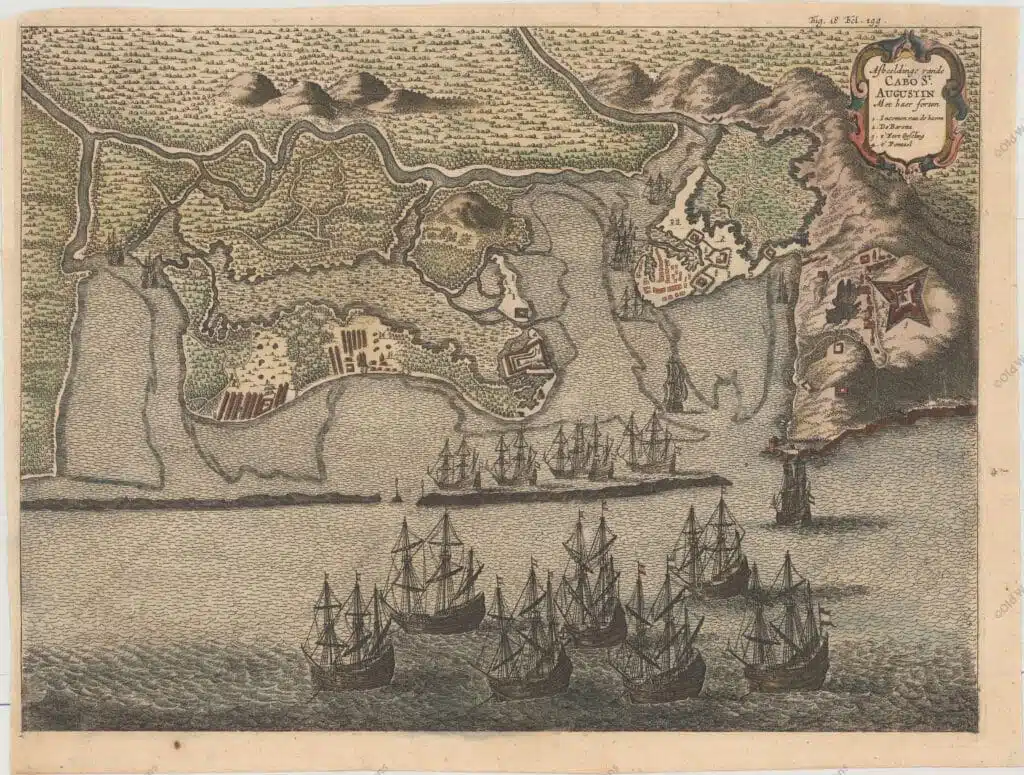 Mapa de Cabo de Santo Agostinho de 1690 Mapa de Cabo de Santo Agostinho de 1690 em Pernambuco - Esta bela vista panorâmica retrata a frota holandesa e as fortalezas do Cabo Santo Agostinho. A cartela de título strapwork incorpora uma chave numerada identificando quatro locais. - "Afbeeldinge vande Cabo St. Augustin met Haer Forten", Leti, Gregorio