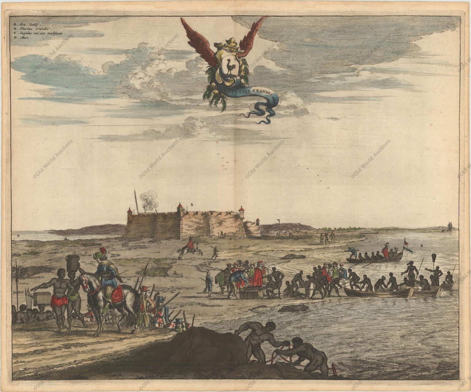 Forte dos Reis Magos em Natal de 1671 Forte dos Reis Magos em Natal de 1671 - A obra de Montanus foi talvez o maior livro ilustrado sobre o Novo Mundo produzido no século XVII. Continha mais de cem placas, vistas e mapas lindamente gravados da América do Norte e do Sul. As placas retratam vividamente fortes, festivais, ocupações, frotas holandesas, batalhas, ritos religiosos e costumes dos habitantes nativos. Esta importante obra foi traduzida para o alemão por Olivier Dapper e para o inglês por John Ogilby. Várias das placas foram posteriormente adquiridas por Pierre Vander Aa. Esta vista finamente gravada retrata o fortemente armado Forte dos Três Reis Magos ao longo do rio Potengi na atual Natal. Em primeiro plano, soldados holandeses supervisionam nativos descarregando mercadorias de pequenos barcos a remo. "Fluvius Grandis", Montanus, Arnoldus
