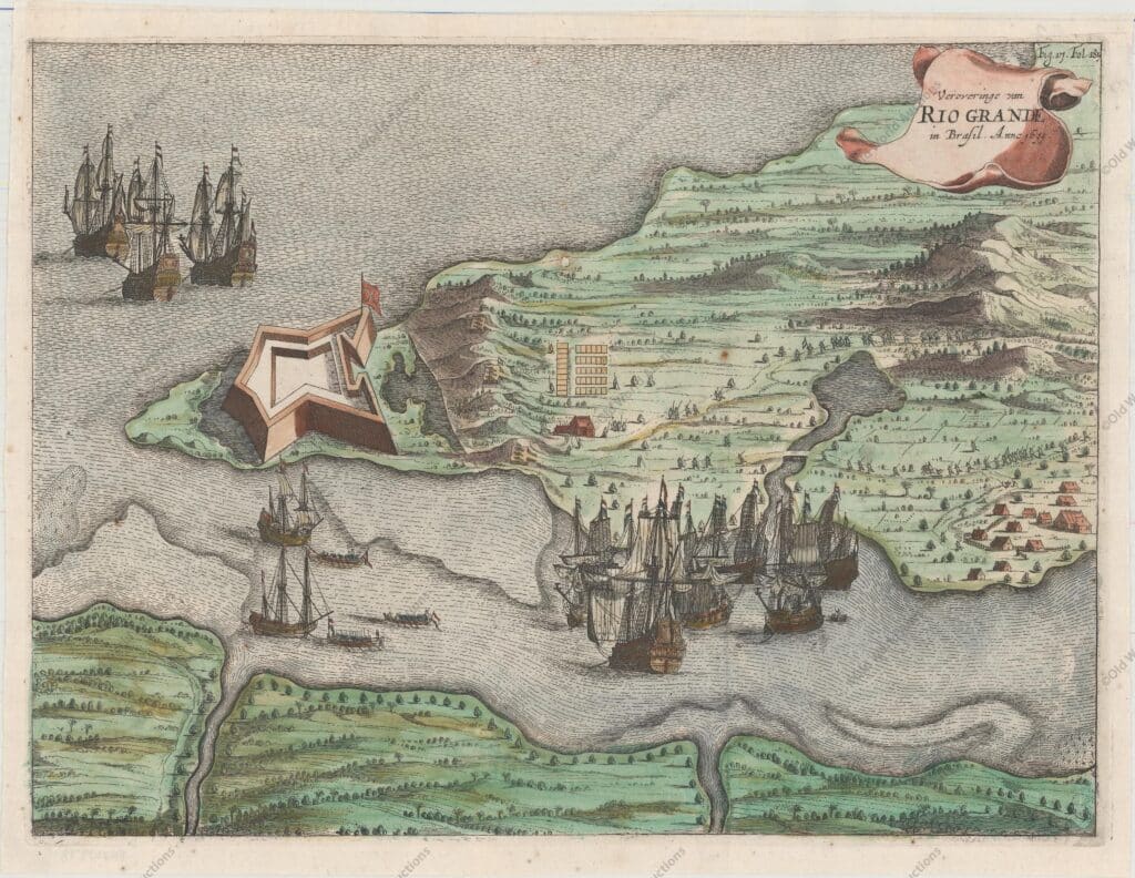 Gravura Forte dos Reis Magos de 1690 - Natal Gravura Forte dos Reis Magos de 1690 - Natal - Uma visão aérea do forte (atual Natal) na foz do Rio Potengi mostrando a invasão holandesa e a captura do forte português em 1633. O porto está cheio de navios e exércitos são mostrados correndo para defender o forte. "Veroveringe van Rio Grande in Brasil. Anno 1633", Leti, Gregorio