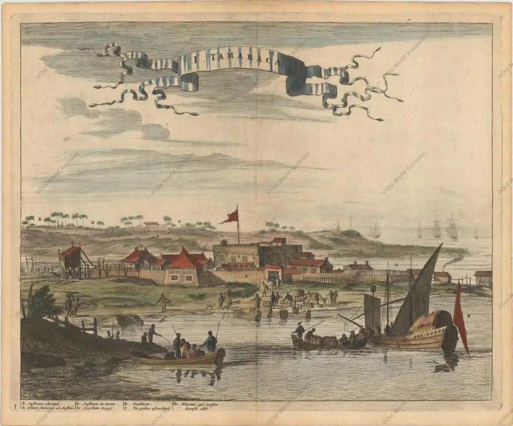 Forte Orange na Ilha de Itamaraca de 1671 Forte Orange na Ilha de Itamaraca de 1671 - A obra de Montanus foi talvez o maior livro ilustrado sobre o Novo Mundo produzido no século XVII. Continha mais de cem placas, vistas e mapas lindamente gravados da América do Norte e do Sul. As placas retratam vividamente fortes, festivais, ocupações, frotas holandesas, batalhas, ritos religiosos e costumes dos habitantes nativos. Esta importante obra foi traduzida para o alemão por Olivier Dapper e para o inglês por John Ogilby. Várias das placas foram posteriormente adquiridas por Pierre Vander Aa. Uma bela vista do holandês Fort Oranje, na ilha de Itamaraca, na costa nordeste do Brasil. Povos nativos e barcos ocupam o primeiro plano e uma legenda na parte inferior identifica os locais importantes. "I. Tamaraca", Montanus, Arnoldus
