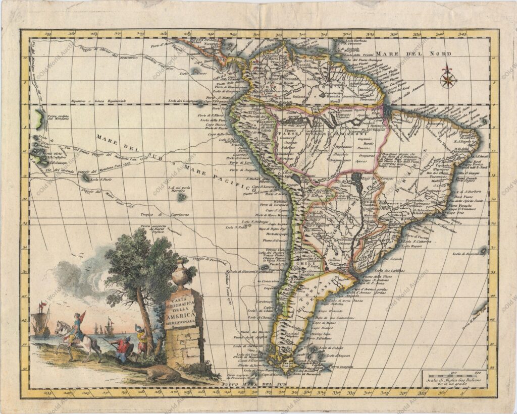 Mapa da America do Sul de 1740 Mapa da America do Sul de 1740 - Edição italiana lindamente gravada do mapa de Delisle da América do Sul, estendendo-se da Nicarágua à Terra do Fogo. Os nomes de lugares na América do Sul concentram-se principalmente ao longo das costas e ao longo dos rios Amazonas e Paraná. Dois lagos míticos ainda aparecem: o Lago Cassipa Dorada (uma versão menor do mais conhecido Lac de Parime) com a lendária cidade de Manoa a sudeste e o Lago des Xarayes no centro do continente. O Brasil Central é deixado em branco, exceto por uma nota explicando que os brasileiros afirmam que os rios S. Francesco e Real correm por muito tempo juntos e se conectam com o Rio della Plata (rio Paraná). O Pacífico Sul também é retratado com as rotas de vários exploradores mostrados, incluindo Magalhães, le Maire, Olivier van Noort e Mendana, com uma parte das Ilhas Salomão representada. O grande cartucho pictórico do título apresenta uma fêmea montada inspecionando galeões à distância e um caçador tentando lançar um crocodilo. "Carta Geografica della America Meridionale", Albrizzi, Girolamo