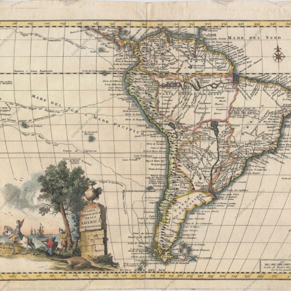 Mapa da America do Sul de 1740 - Edição italiana lindamente gravada do mapa de Delisle da América do Sul, estendendo-se da Nicarágua à Terra do Fogo. Os nomes de lugares na América do Sul concentram-se principalmente ao longo das costas e ao longo dos rios Amazonas e Paraná. Dois lagos míticos ainda aparecem: o Lago Cassipa Dorada (uma versão menor do mais conhecido Lac de Parime) com a lendária cidade de Manoa a sudeste e o Lago des Xarayes no centro do continente. O Brasil Central é deixado em branco, exceto por uma nota explicando que os brasileiros afirmam que os rios S. Francesco e Real correm por muito tempo juntos e se conectam com o Rio della Plata (rio Paraná). O Pacífico Sul também é retratado com as rotas de vários exploradores mostrados, incluindo Magalhães, le Maire, Olivier van Noort e Mendana, com uma parte das Ilhas Salomão representada. O grande cartucho pictórico do título apresenta uma fêmea montada inspecionando galeões à distância e um caçador tentando lançar um crocodilo. "Carta Geografica della America Meridionale", Albrizzi, Girolamo