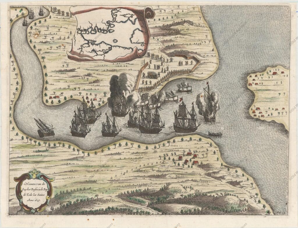 Gravura da Baia de Todos os Santos de 1690 Gravura da Baia de Todos os Santos de 1690 - Bela gravura em cobre ilustrando a frota holandesa capturando o forte na entrada da Baía de Todos os Santos, no nordeste do Brasil. A cena é muito ativa com canhões ondulantes e pequenas figuras correndo para a ação. Grande plano de inserção da baía é retratado em um pergaminho acima da cena. "T'Neemen van de Suyker Prysen inde Bay de Tode los Santos Anno 1627", Leti, Gregorio