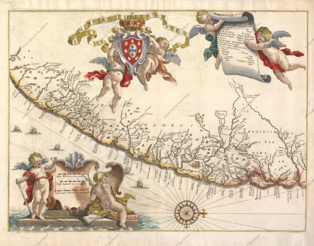 Mapa da Capitania de Pernambuco de 1698 Mapa da Capitania de Pernambuco de 1698 - Este magnífico mapa da província brasileira de Pernambuco foi um dos 23 mapas deste raro relato da guerra colonial luso-holandesa. Escrita por João José de Santa Teresa, conhecida entre os bibliófilos como a Santa Teresa, é considerada uma das mais suntuosas obras do século XVII sobre o Brasil. Santa Teresa, carmelita portuguesa, passou doze anos nas missões jesuítas da América do Sul e depois voltou para a Europa onde se tornou bibliotecário do colégio dos jesuítas em Roma. Sua conta foi fortemente subsidiada por Pedro II de Portugal, e alguns dos principais artistas e gravadores do período, incluindo Antonio Horacio Andreas, foram contratados para trabalhar no projeto. Foi publicado por Giacomo Giovanni Rossi. O mapa em si é lindamente desenhado e oferece uma excelente visão da região com rios e córregos cuidadosamente delineados. São registradas as localizações de vilas, missões e fortes, inclusive Olinda. Mesmo os perigos de navegação são mostrados ao longo da costa. Uma grande rosa dos ventos orienta o mapa com o norte à direita. O mapa é adornado de forma elaborada com putti que sustentam a cartela do título, o brasão real e a chave do mapa. "Provincia di Pernambuco", Horatius, Andreas Antonius.