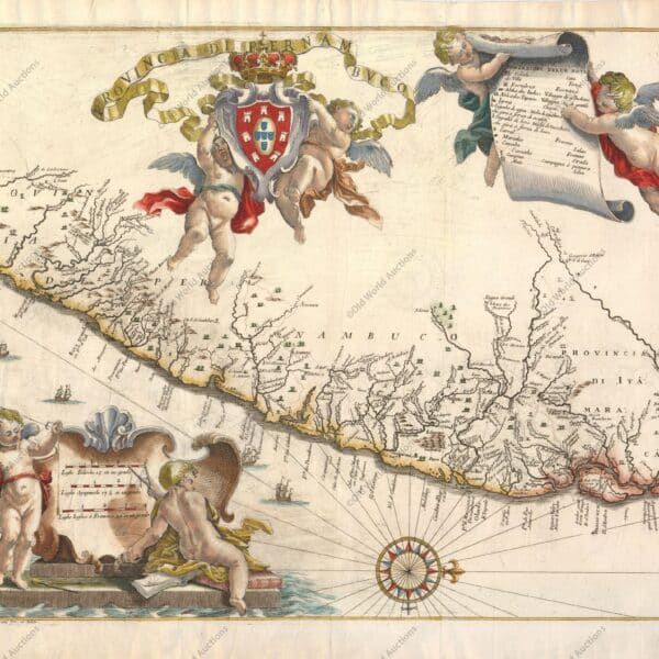 Mapa da Capitania de Pernambuco de 1698 - Este magnífico mapa da província brasileira de Pernambuco foi um dos 23 mapas deste raro relato da guerra colonial luso-holandesa. Escrita por João José de Santa Teresa, conhecida entre os bibliófilos como a Santa Teresa, é considerada uma das mais suntuosas obras do século XVII sobre o Brasil. Santa Teresa, carmelita portuguesa, passou doze anos nas missões jesuítas da América do Sul e depois voltou para a Europa onde se tornou bibliotecário do colégio dos jesuítas em Roma. Sua conta foi fortemente subsidiada por Pedro II de Portugal, e alguns dos principais artistas e gravadores do período, incluindo Antonio Horacio Andreas, foram contratados para trabalhar no projeto. Foi publicado por Giacomo Giovanni Rossi. O mapa em si é lindamente desenhado e oferece uma excelente visão da região com rios e córregos cuidadosamente delineados. São registradas as localizações de vilas, missões e fortes, inclusive Olinda. Mesmo os perigos de navegação são mostrados ao longo da costa. Uma grande rosa dos ventos orienta o mapa com o norte à direita. O mapa é adornado de forma elaborada com putti que sustentam a cartela do título, o brasão real e a chave do mapa. "Provincia di Pernambuco", Horatius, Andreas Antonius.
