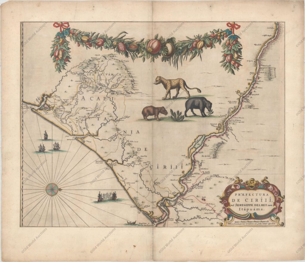 Mapa da Costa Leste do Brasil de 1647 - Este belo mapa da costa brasileira é adornado com uma enorme guirlanda no topo com muitas frutas nativas e uma onça, anta e capivara. Com o norte orientado para a direita, o mapa cobre a região litorânea do São Francisco ao sul até a foz do rio Vaza-Barris. O mapa traça os rios no interior com nomes de lugares e detalhes topográficos ao longo de suas margens. Há uma escaramuça naval, três navios holandeses e uma canoa na costa do Atlântico. Foi desenhado após pesquisas reais de Georg Marcgraf, Elias Herckmanns e outros e estava entre os primeiros mapas do Brasil baseados em dados não portugueses. Blaeu emitiu pela primeira vez este e seus mapas complementares em 1647 para Gaspar Barleus' Rerum per octennium in Brasília. Eles também foram reunidos em um grande mapa de parede, Brasília qua parte paret Belgis. Os mapas então apareceram no Atlas Maior a partir de 1662. "Praefectura de Ciriii, vel Seregirppe Delrey cum Itapuama", Blaeu, Johannes Mapa da Costa Leste do Brasil de 1647 - Este belo mapa da costa brasileira é adornado com uma enorme guirlanda no topo com muitas frutas nativas e uma onça, anta e capivara. Com o norte orientado para a direita, o mapa cobre a região litorânea do São Francisco ao sul até a foz do rio Vaza-Barris. O mapa traça os rios no interior com nomes de lugares e detalhes topográficos ao longo de suas margens. Há uma escaramuça naval, três navios holandeses e uma canoa na costa do Atlântico. Foi desenhado após pesquisas reais de Georg Marcgraf, Elias Herckmanns e outros e estava entre os primeiros mapas do Brasil baseados em dados não portugueses. Blaeu emitiu pela primeira vez este e seus mapas complementares em 1647 para Gaspar Barleus' Rerum per octennium in Brasília. Eles também foram reunidos em um grande mapa de parede, Brasília qua parte paret Belgis. Os mapas então apareceram no Atlas Maior a partir de 1662. "Praefectura de Ciriii, vel Seregirppe Delrey cum Itapuama", Blaeu, Johannes