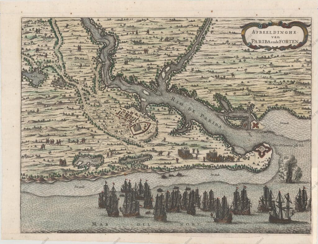 Mapa da Paraíba de 1690 Mapa da Paraíba de 1690 - Este mapa panorâmico mostra a região da Paraíba e as fortificações portuguesas na foz do rio Paraíba. A cena do ataque holandês à região é ilustrada com a frota holandesa e a defesa dos exércitos portugueses. "Afbeeldinghe van Pariba ende Forten", Leti, Gregorio