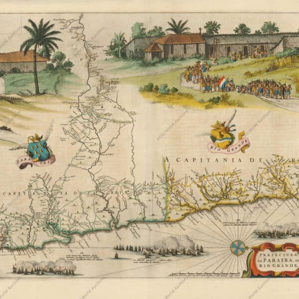 Mapa da Paraíba de 1662 - Excelente mapa do litoral brasileiro incluindo as capitanias da Paraíba e do Rio Grande. O mapa foi desenhado após pesquisas reais de Georg Markgraf, Elias Herckmanns e outros, e estava entre os primeiros mapas do Brasil baseados em dados não portugueses. O mapa é ricamente gravado com uma enorme cena de uma procissão de índios tupinambás carregando uma bandeira holandesa, parte de um engenho de açúcar e três grandes batalhas navais retratadas no mar. Adornado ainda com brasões, rosa dos ventos e cartela de título em tiras. A série de mapas das capitanias do Brasil é diferente de qualquer outro mapa dos atlas de Blaeu. Blaeu emitiu pela primeira vez este e seus mapas complementares em 1647 para Gaspar Barleus' Rerum per octennium in Brasília. Eles também foram reunidos em um grande mapa de parede, Brasília qua parte paret Belgis; os locais onde as folhas se sobrepõem são marcados por linhas tênues à esquerda. Os mapas então apareceram no Atlas Maior a partir de 1662. "Praefecturae de Paraiba, et Rio Grande", Blaeu, Johannes